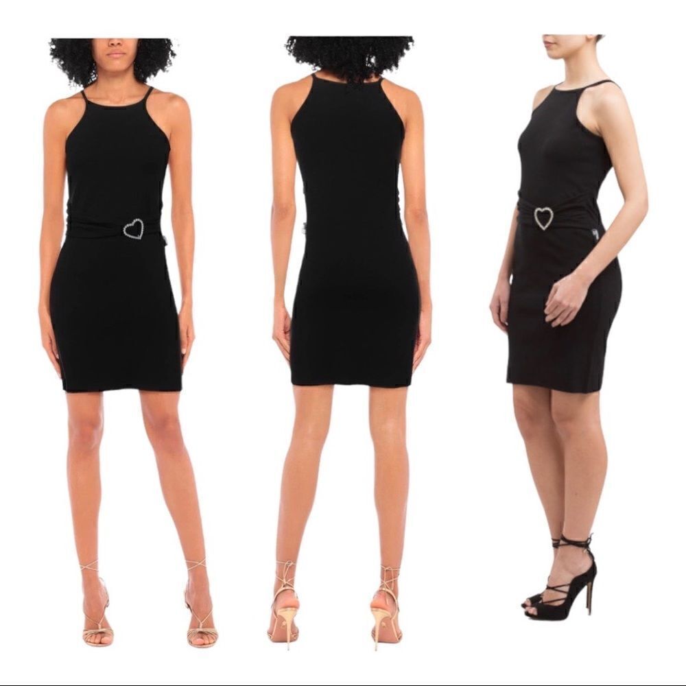 Love Moschino Halter Sleeveless Bodycon Knit Mini Dress with Crystal Heart Belt